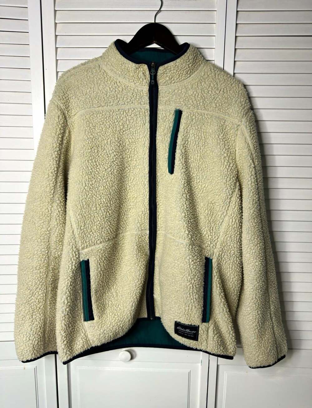 Eddie Bauer Chilali Faux Shearling Fleece Jacket Oyster Cream Teal Men’s